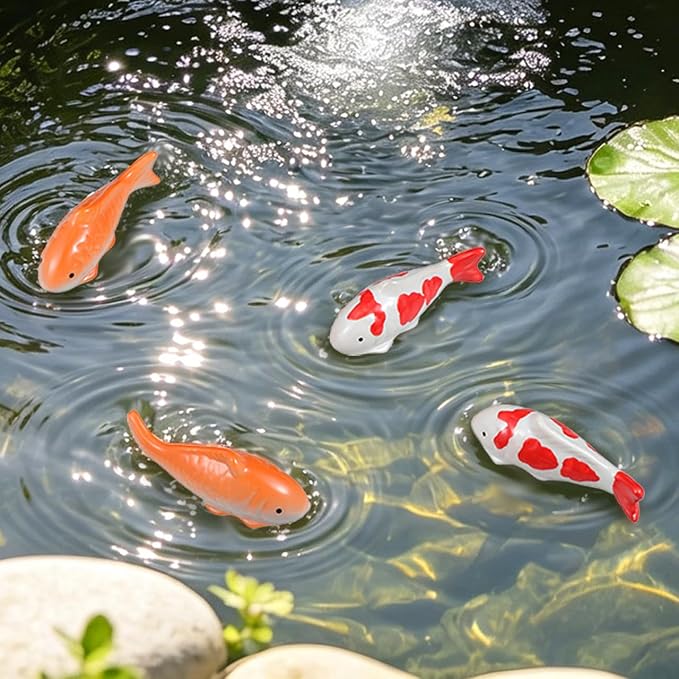 Garneck 4pcs Koi Fish Decor Floating Ceramic: Aquarium Ornaments Figurines for Tank Bowl Pond Desktop Water Feature Garden Pool Red Orange White Statue Accessories Display
