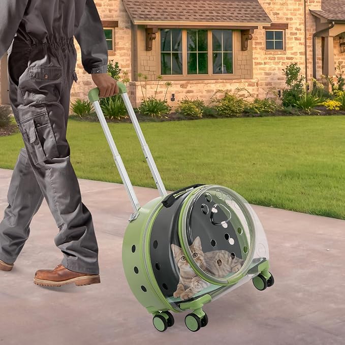 Cat Carrier with Wheels, Breathable Cat Rolling Carrier with Telescopic Handle, Bubble Cat Backpack Carrier, Pet Travel Bag for Small Dogs Pets, up to 19lbs, 15.7" x 10.6" x 17.7" (Green)