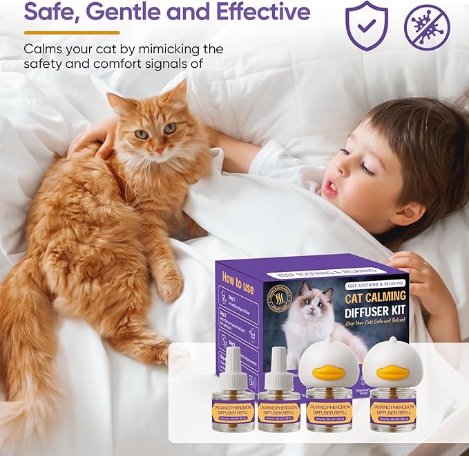 Cat Calming Pheromone Diffuser Kit – 2 Plug-Ins & 4 Refills (48ml), Cat Anxiety & Stress Relief, Multi Cat Calming Diffuser, Reduces Fighting, Spraying, Scratching & Aggression, Drug-Free for All Cats