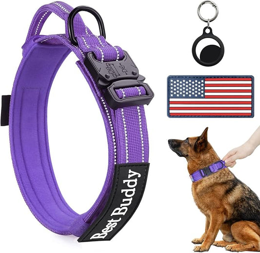 AUBELL Reflective Tactical Dog Collar,Adjustable Military Heavy Duty K9 Collars with Handle and Quick Release Metal Buckle Great for Extra Large Dogs, with Airtag Case and 2 Patches (Purple,XL)