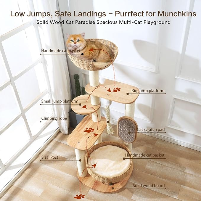 Wooden Cat Tree for Large Cat, 49.6IN Tall Cat Tower with Scratching Post for Indoor Cats, Multi-Level Cat Condo with Hand-Woven Cat Bed and Scratching Board Easy to Clean