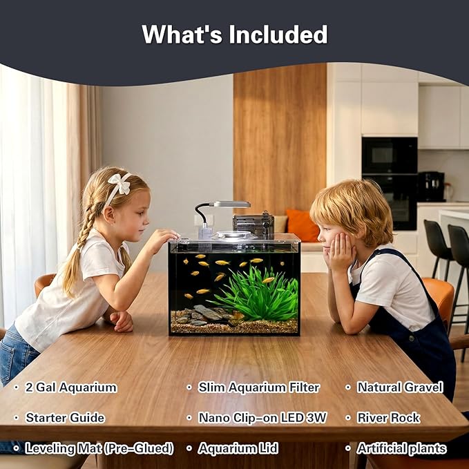 2 Gallon Small Aquarium Set Glass Fish Tank,Desktop Small Aquarium Kit for Beginners and Children to Keep Betta Fish, Goldfish, Shrimp, and Aquatic Plants (Black, 2 Gallon (Complete Kit) ﻿)