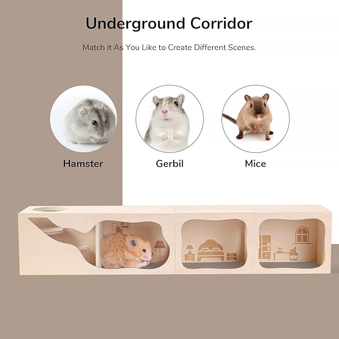 Hamster Hideout Wooden House Chamber Small Animals Pets Tunnel Exploring Toys Secret Peep Shed for Dwarf Hamsters, Syrian Hamsters, Gerbils, Hedgehogs, Rats, Mice (Bedroom)