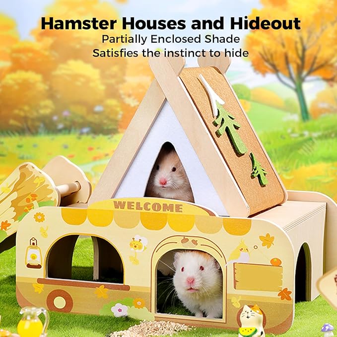 mini&moe Camping Hamster Houses and Hideouts – Wooden Multi-Room Hamster Hideout Small Animal Habitat Decor Shelter with Platform for Dwarf Gerbils Chinchilla Rat Mouse