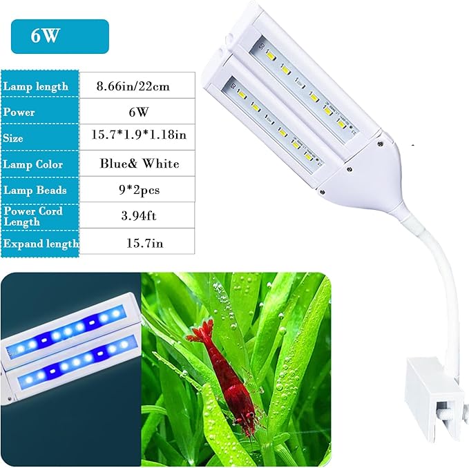 LED Aquarium Light Full Spectrum Clip Fish Tank Light Plants Light 360° Adjustable 2 Light Bar Super-Bright 6W Suitable for 5-25 Gal Fish Tank