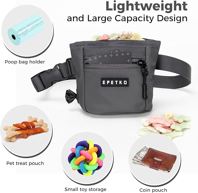 Dog Treat Pouch, Powerful Magnet Closure Device Dog Training Treat Bag Large Capacity Pet Treat Pouch with Poop Bag Dispenser Treat Bag for Dog Training with Metal Waistband Clip (Deep Gray)