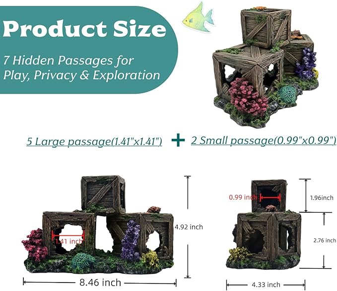 Fish Tank Decorations Hideout for Betta, Shrimp & Guppies – Two-Level Wooden Crate with Realistic Coral, Sponge & Seaweed, Stable Rock Base, Aquarium-Safe Resin - 8.5x4.3x4.9 Inch