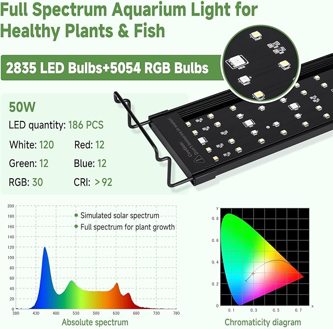 hygger LED Aquarium Light with Timer, 50W Full Spectrum Fish Tank Plant Growth Lamp, 24 H Remote Control, Adjustable Brightness & 10 Colors, Extendable Bracket, Power-Off Memory, Fits 48-52 Inch Tank