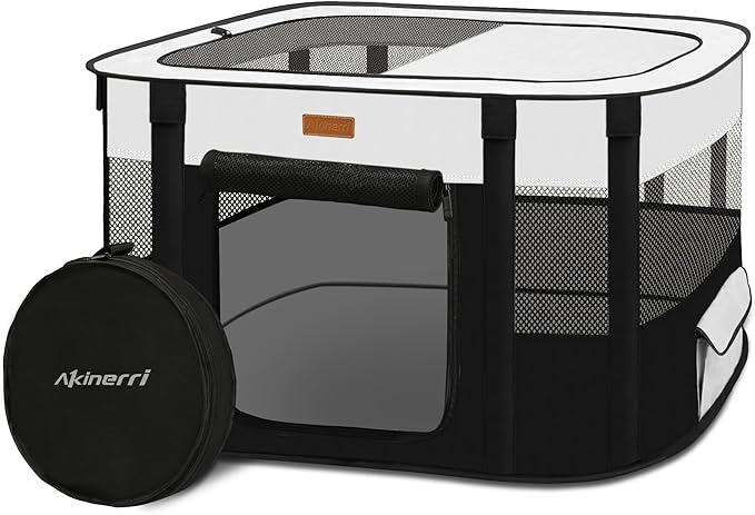 Dog Playpen - Foldable Cat Play Pens for Pubby, Kitten, Rabbit, Portable Pet Tent with Carring Bag for Indoor/Outdoor Travel Camping (Black-Medium)