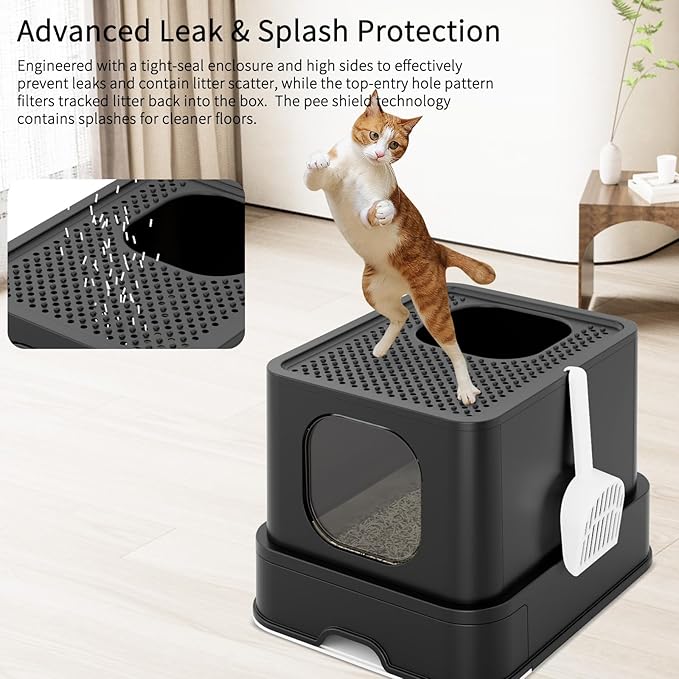 RIZZARI Stainless Steel Litter Box: Spacious Enclosed Design with Easy-Clean Drawer - Dual Entry with Top Exit and Door - Black Leak-Proof & Odor-Free Tray for Cats in Garage Basement
