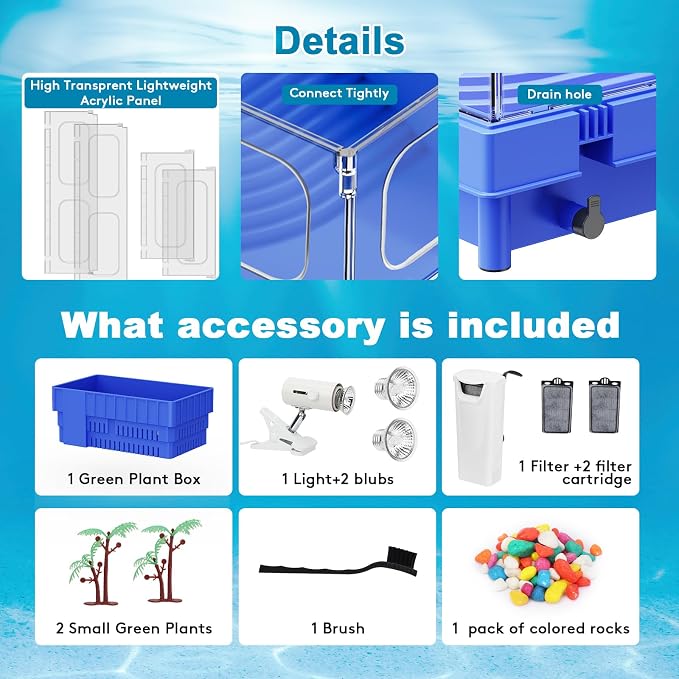 Small Turtle Tank Kit with Light and Filter for Baby Turtles | Blue Clear-Panel Habitat, with Basking Platform, Easy-Clean Starter Aquarium with Bottom Drain