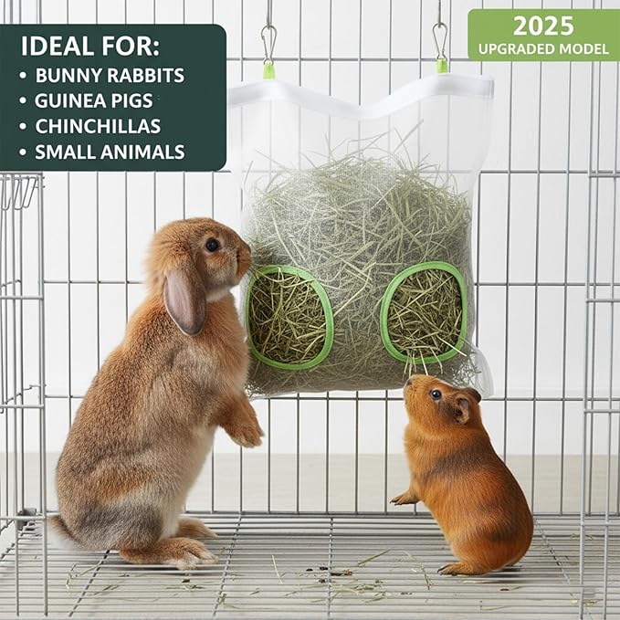Rabbit Hay Feeder Bag, Chew-Resistant Dual-Hole Slow Dispenser for Bunny & Guinea Pigs 9.8x11inches, 2025 New Model