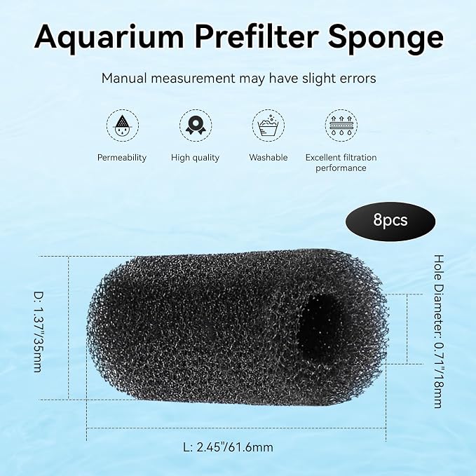 Pre Filter Sponge for Aquarium, Replacement Intake Filter for Marina | Fits S10, S15 and S20 Filter Models, Aquarium Filter Media Strainer for Aquarium Fish Tank, Protects Fry and Shrimp, 8 Pack