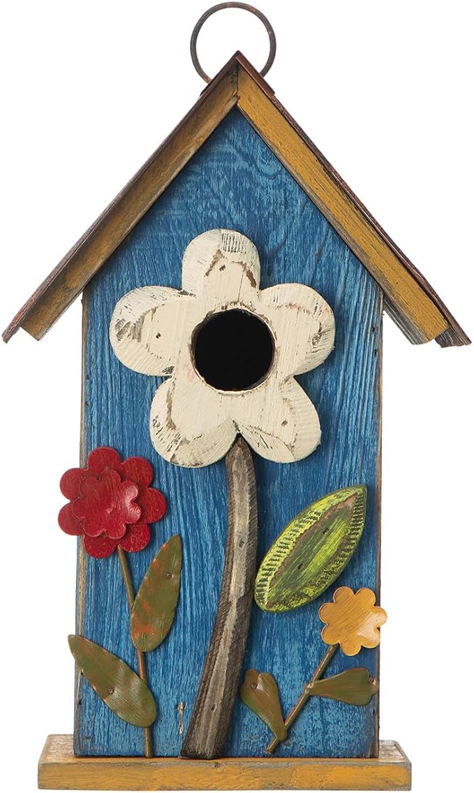 Glitzhome Hanging Bird House for Outdoor, 10.2" H Decorative Birdhouse Pet Cottage Distressed Wooden Bluebird House with 3D Flowers for Outdoor Patio Garden, Washed Blue