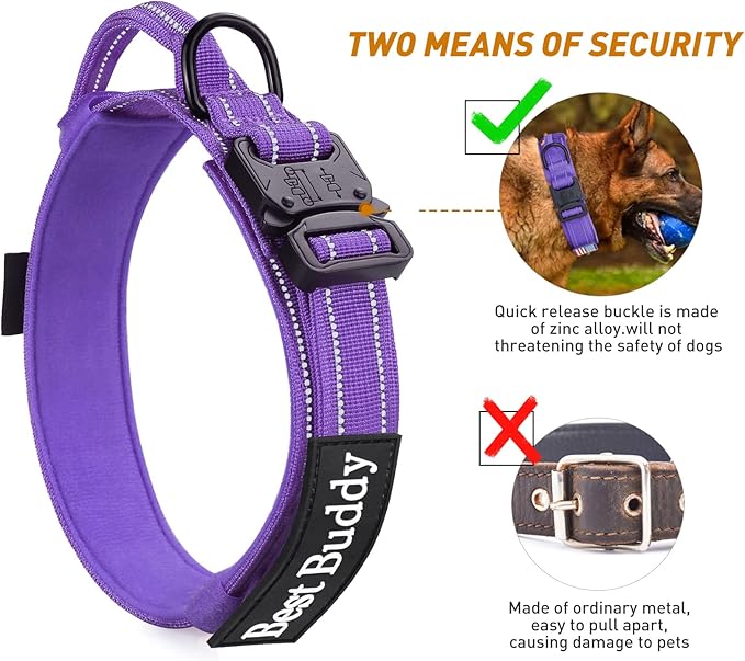 AUBELL Reflective Tactical Dog Collar,Adjustable Military Heavy Duty K9 Collars with Handle and Quick Release Metal Buckle Great for Medium Dogs, with Airtag Case and 2 Patches (Purple,M)
