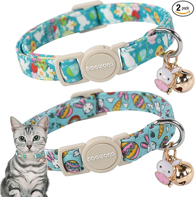 DOGWONG 2 Pack Easter Day Cat Collars, Breakaway with Bell, Adjustable 7-12 Inch, Egg Color, Cotton Material, All Breed Sizes
