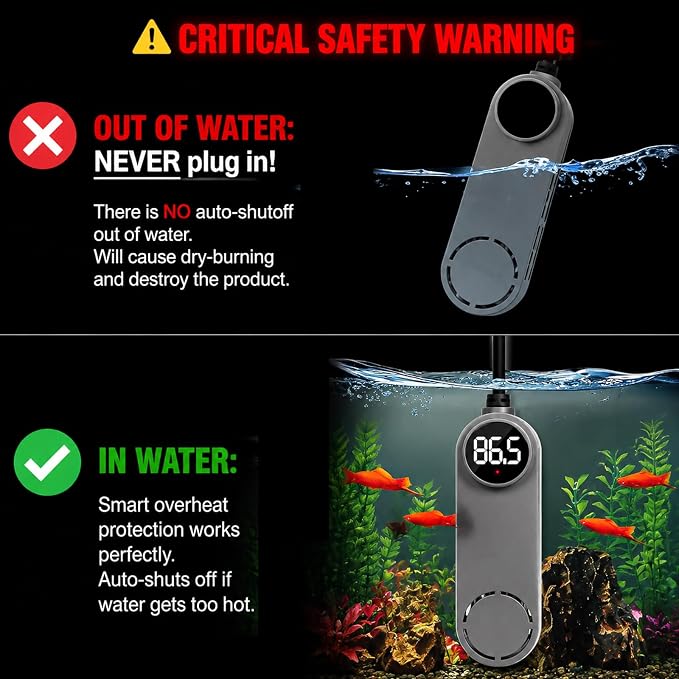 50W Mini Aquarium Heater, Digital Fish Tank Heater | 5-10 Gal, External Controller, Explosion-Proof, Dry-Run Protection, Betta & Turtle