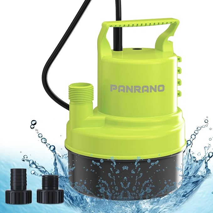 1/3 HP Submersible Water Pump 2000 GPH Portable Small Sump Pump For Pool Cover, Basements, Puddles, Gardens Ponds With 16.4 Ft Power Cord and Hose Adapters, Lemon Yellow