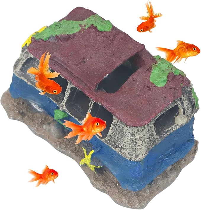 Virekm Resin Rock Cave Hideouts for Fish Tank Aquarium Decor | Safe Natural Design Aquarium Ornaments for Betta, Goldfish, Shrimp, Easy To Clean Tank Landscape Decor (School Bus)
