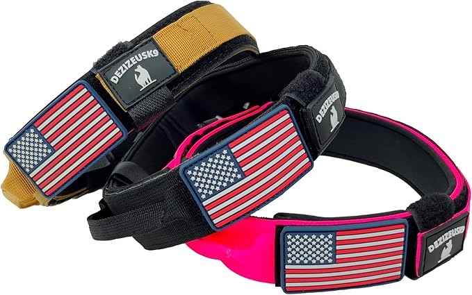 Tactical Dog Collar with Handle, American Flag Patch, 1.5 Inch Wide Thick Heavy Duty Nylon, Quick Release Metal Buckle, Customizable Name Plate, Ideal Dog Collars for Medium to Large Breeds K9 Harness