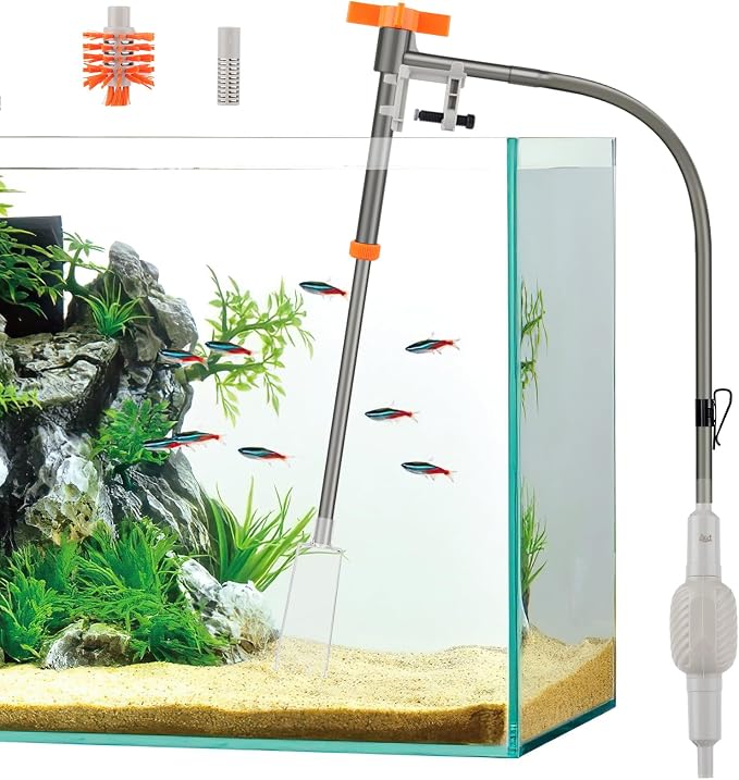 AQQA Aquarium Siphon Vacuum Cleaner Kit with 3 Replaceable Heads (M) | Simultaneous Water Changing, Cleaning in Fish Tanks, Gravel and Sand Cleaning (M)