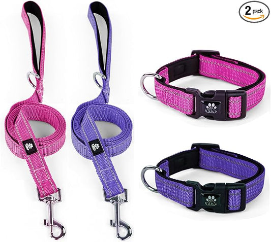 IVY&LANE 2 Pack Reflective Dog Collars and Leashs Set,Adjustable Neoprene Padded Dog Collar for Puppy, Breathable Nylon Pet Collar for Small Medium Large Dogs(Small,Purple+Fuchsia)
