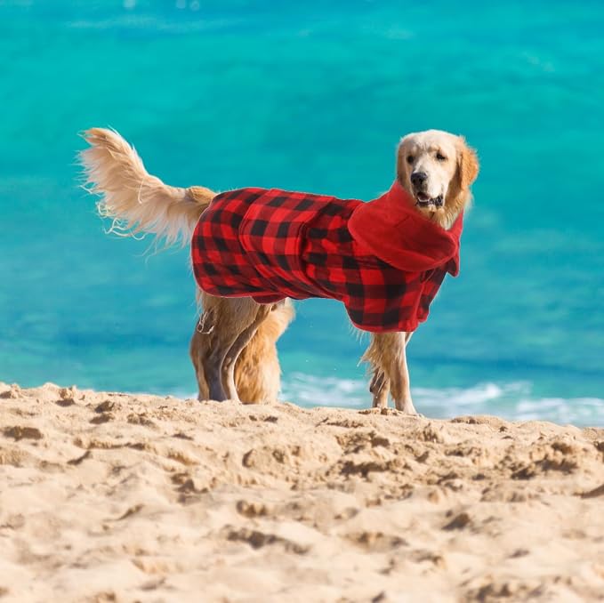 Geyecete Dog Drying Coat - Dog Bathrobe Towel - Microfibre Fast Drying Super Absorbent Pet Cat Bath Robe Towel, Luxuriously Soft - Red Black Grid - XXXL