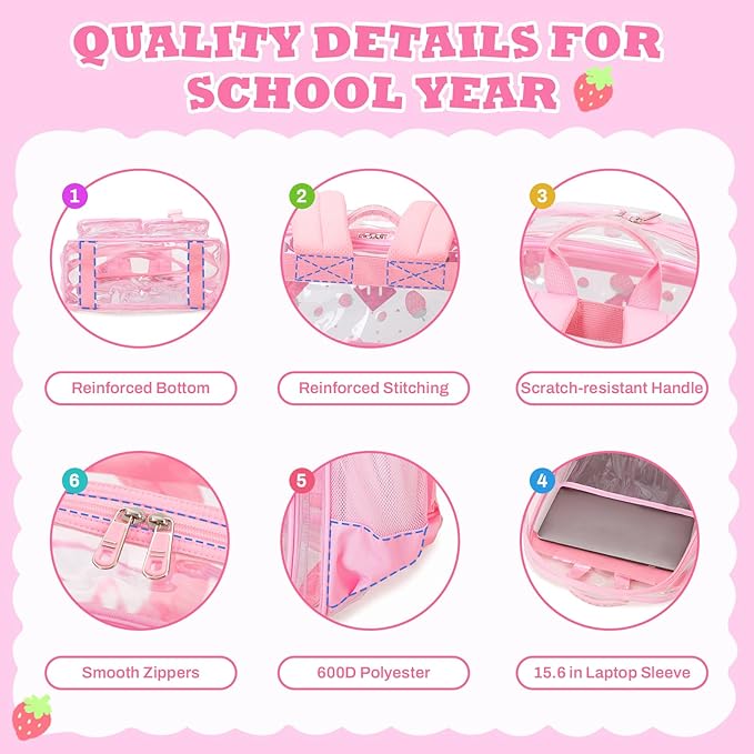PIG PIG GIRL Clear Backpack for School,Heavy Duty PVC Transparent Bookbag for Girls Stadium Approved See Through Backpack