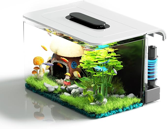 2.5 Gallon Fish Tank Kit with Heater for Betta, Shrimp, Guppy, Acrylic | Dry-wet Separation Filtration, Self-cleaning, Ultra-quiet, 3 Color Light, 10 Brightness, Adjustable Water Flow, Round Corner