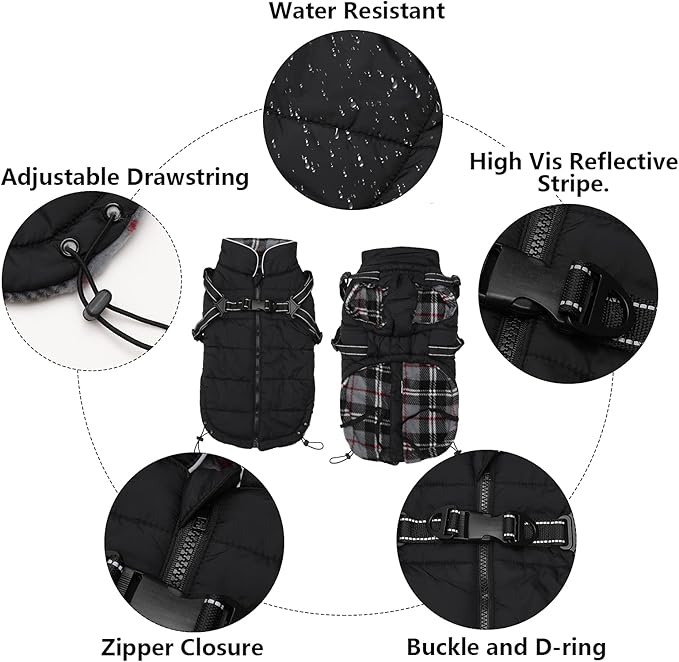 Geyecete Winter Warm Coat Waterproof Dog Winter Jacket with Harness Traction Belt,Pet Outdoor Jacket Dog Autumn and Winter Clothes for Medium, Small Dog-Black-XS