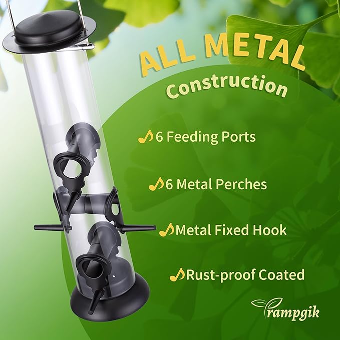 Metal Tube Bird Feeders for Outdoors Hanging,Finch Feeders for Outside,Chew-Proof Hanging Birdfeeder,Squirrel-Proof 6 Ports Bird Feeder 13 Inch,Anti-Rust,Black,1 Pack(Seed is not Included)