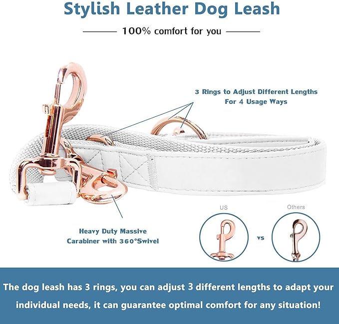 Soft Leather Dog Collar and Leash (6.6') Set - Stylish Rose Gold Heavy Duty Metal Buckle, 4 Adjustable Lengths Leash for Small Medium Large Dogs - Comfortable & Easy to Clean White M(13.8"-19.7")