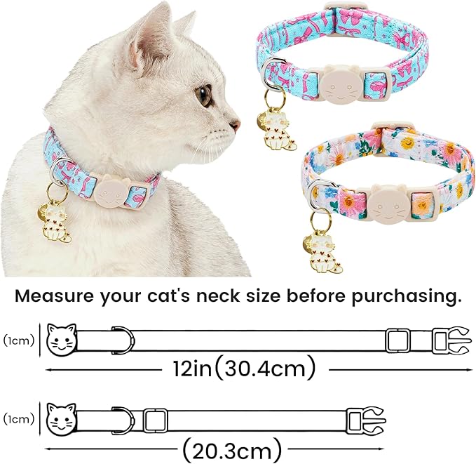 Elegant little tail 2 Pack Cat Collar- Spring Print Cotton Breakaway Cat Collars with Bell Pendant Kitten for Girl Safety Adjustable Collar for Small Cats Puppy