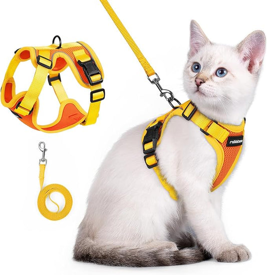 rabbitgoo Cat Harness and Leash Set, Escape Proof Soft Adjustable Vest Harnesses for Outdoor Walking, Easy Control Breathable Kitten Jacket with Reflective Strips, Orange & Yellow, XXS