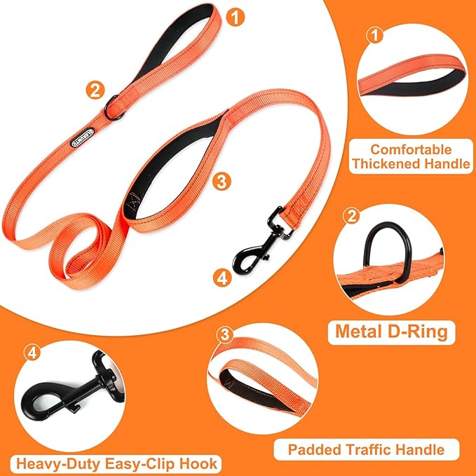 6 FT Heavy Duty Dog Leash with 2 Comfortable Padded Handles, Traffic Handle Extra Control, Highly Reflective Threads Leash for Small/Medium/Large Dogs (Orange)