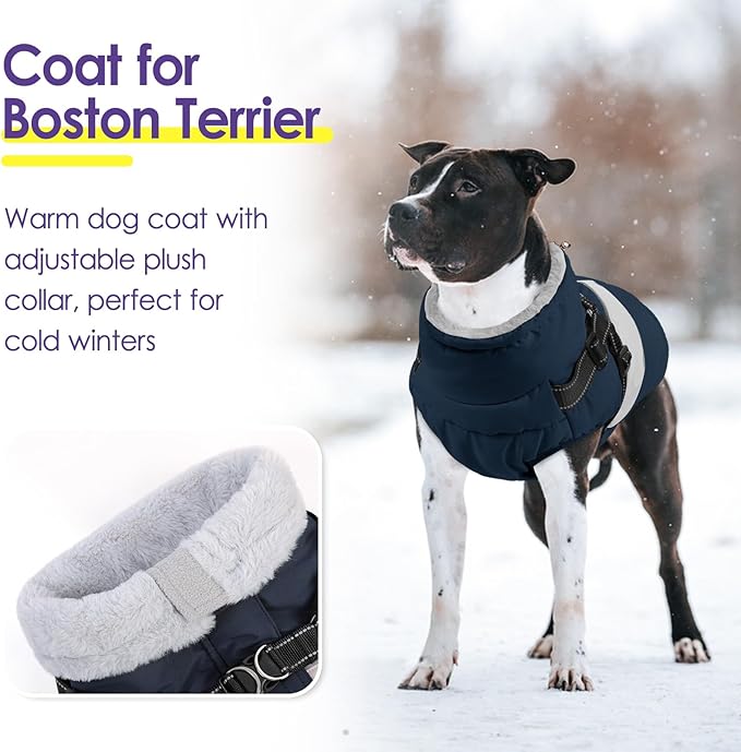 Dog Coat, XXL Dog Jacket Winter with Harness Built in, Waterproof Pet Snow Jacket with Furry Collar for Chilly Day, Reflective Fleece Snowsuit for Extra Large Dogs, Navy Blue 2XL