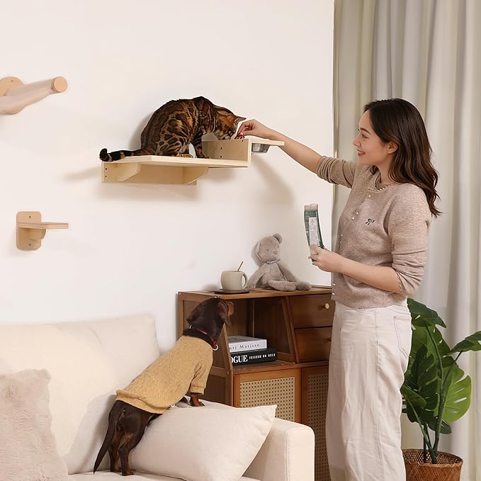 FUKUMARU Cat Wall Shelves, 3 in 1 Cats Walls Furniture Set, Food Station with 2 Steps, Birch Plywood Perch, Suitable for Kitten Play, Nap, Eat, DIY Wall Jungle Gym