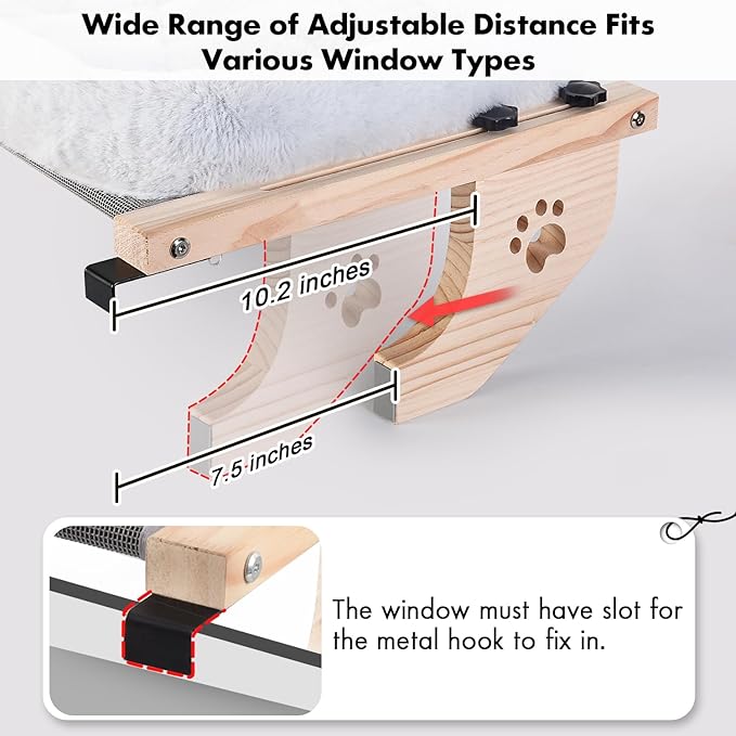 AMOSIJOY Cat Sill Window Perch Sturdy Hammock Window Seat with Cushion Bed Cover, Wood & Metal Frame for Large Cats, Easy to Adjust Cat Bed for Windowsill, Bedside, Drawer and Cabinet(Cushion Bed)