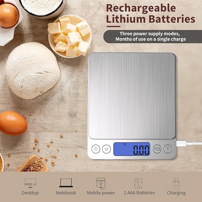Digital Gram Scale 1000g/0.01g, Scale for Food Ounces and Grams, Upgrade USB Charging Kitchen Scale Digital Weight for Cooking, Baking, Tare Function, 9 Units, 2 Tray