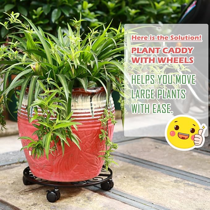 5 Pack Plant Caddy with Wheels Heavy Duty 13.5 Inch Metal Plant Stand on Wheels Plant dolly Rolling Stand Plant Roller with Casters for Indoor and Outdoor with 5 Pack Plastic Saucers, Black