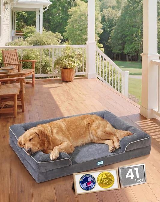 OhGeni Orthopedic Dog Bed Couch Big Cat Sofa for Extra Large Sized Pets with Memory Foam, Machine-Washable Waterproof Removable Cover, Soft Comfortable Fabric, 41-inch (Gray)