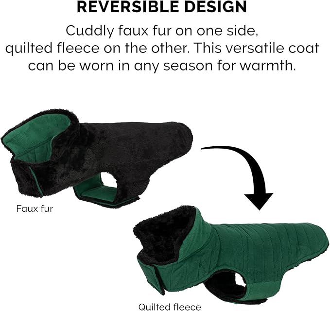 Furhaven Reversible Large Dog Coat, Washable & Insulating w/ Leash Access - Faux Fur & Quilted Fleece Flex-Fit Jacket - Black/Green, Large
