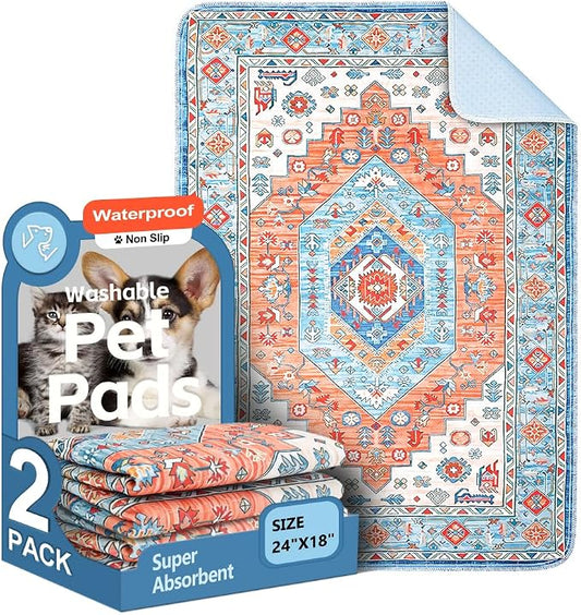 Washable Pee Pads for Dogs, 2 Pack Reusable Puppy Training Pads 24"x18" Super Absorbent Waterproof Dog Training Pads, Non-Slip Potty Pads, Whelping Pads Litter Mat Orange/Mix