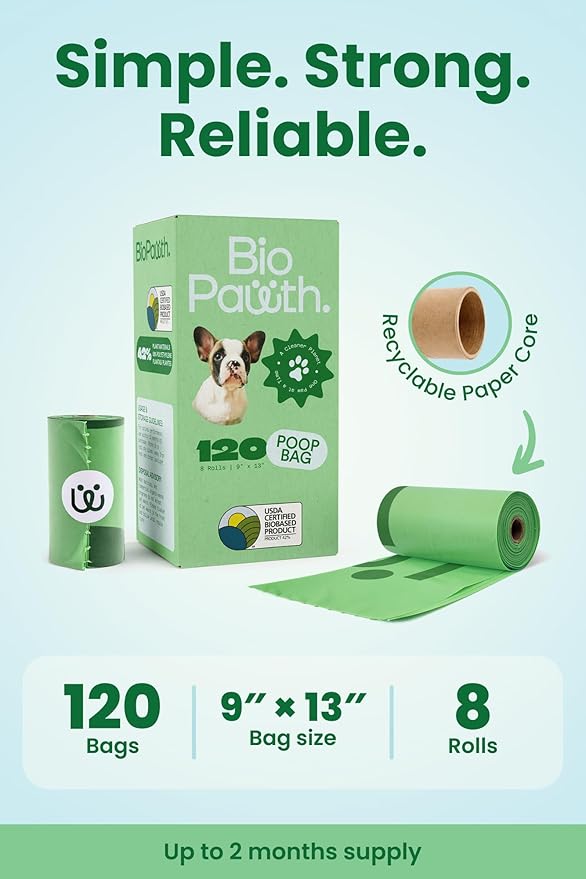 Dog Poop Bags, USDA Certified Biobased Product (42%), Extra Thick & Leak-Proof, Unscented Pet Waste Bags for Dogs & Cats, 120 Count