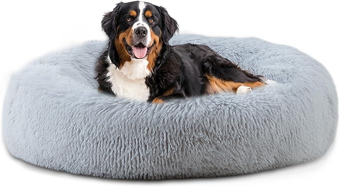 Bunlitent 46'' inch Calming Dog Bed, Plush Anti-Anxiety Donut Dog Bed for Large Dogs, Warming Cozy Soft Cute Round Washable, Marshmallow Cuddler Nest Pet Bed, Grey