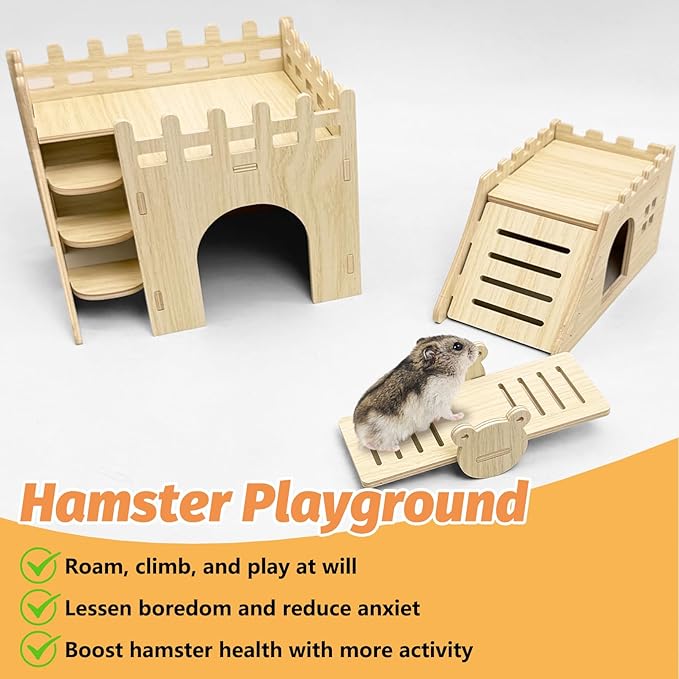 BNOSDM Hamster Hideout Set Gerbil Wooden House with Stairs Wood Hide Hut with Fun Slid Seesaw Cage Accessories for Dwarf Hamsters Mouse Mice