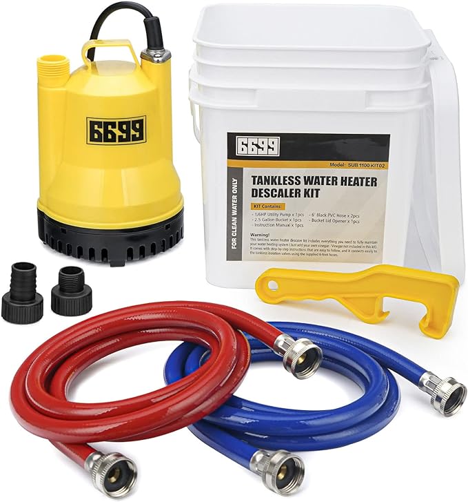Tankless Water Heater Flushing Kit Includes 1/6HP Submersible Sump Pump with Two Adapters & 3 Gallons Pail with Bucket Lid Opener & Two 1/2” Dia X 6’ PVC Hoses with Washers