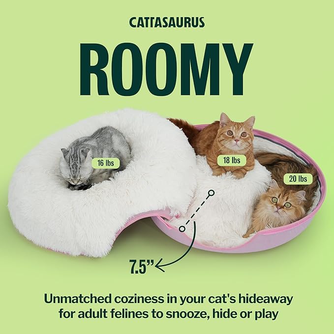 CATTASAURUS Peekaboo Cat Cave for Multiple & Large Cats Up to 30-45 Lbs, Fluffy Cat Beds for Indoor Cats, Scratch Detachable & Washable Tunnel Bed, Comfy Donut Cave (Pink, Large (Calming))