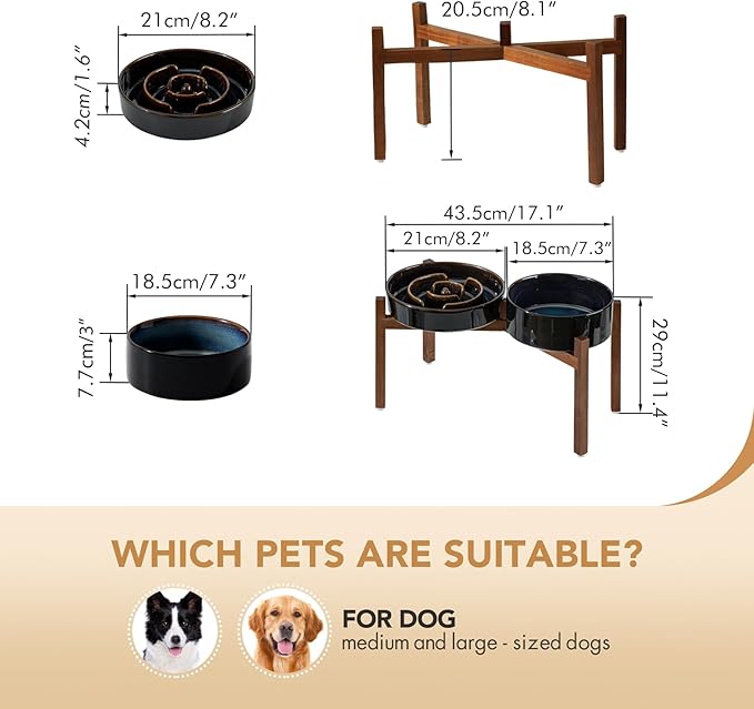 Havniva Elevated Slow Feeder Dog Bowls, 1.6 Cups/8.2 inch Slow Feeders + 7.3 inch Ceramic Dog Food & Water Bowls Set with Acacia Wood Stand Puzzle Bowls for Fast Eater, Medium Dogs Anti-Choking