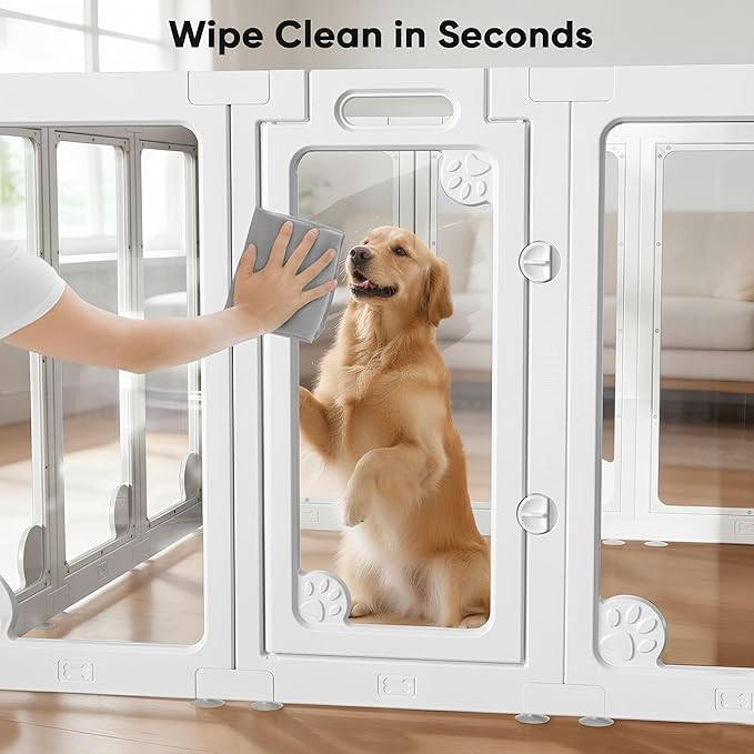 Clear Acrylic Dog Play Pen Indoors 30", 8 Panels Transparent Puppy Playpen with Door for Small Dogs Puppies, Modular Plastic Pet Playpen Cage Fence Crate for Cat Kitten Rabbit, White